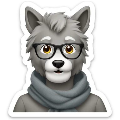 happy gray wolf person wearing a gray scarf and glasses sticker