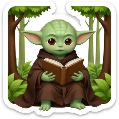 Baby Yoda con su tunica chocolate leyendo en un bosque sticker