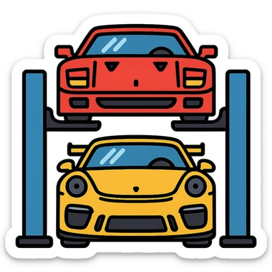 front view of a Ferrari F40 on a car lift with a yellow Porsche GT3 RS underneath, both cars fully visible, cartoon style, bold outlines sticker
