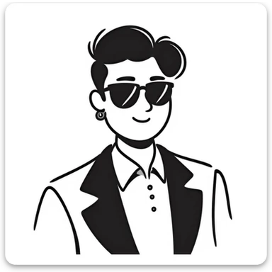 A 30-year-old Latino male musician with a piercing in one ear, wearing sunglasses, with a fashionable short hairstyle styled up and to one side, smiling confidently and wearing a jacket, shrugging his shoulders with a carefree attitude sticker