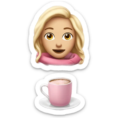 Blonde girl wrapped up in bed with a pink blanket and a mug of hot chocolate sticker