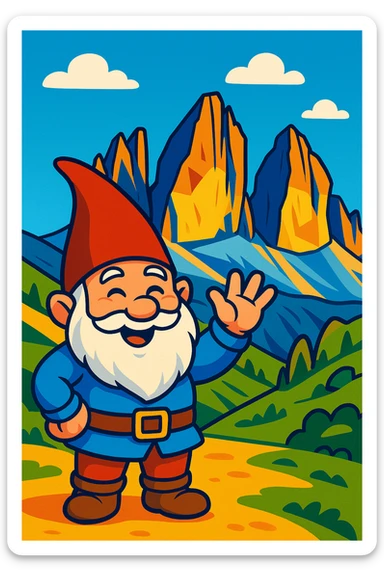 cheerful gnome waving in front of the Tre Cime di Lavaredo mountains, Dolomites, with clear blue sky, colorful and friendly style sticker