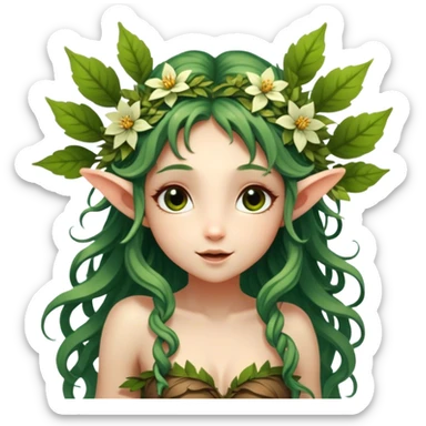 Cinematic Realistic Forest Nymph Fairy Portrait, head tilted playfully and inquisitively, showcasing a nature-inspired form with intricately detailed, sunlit tanned skin and cascading hair interlaced with leaves and blossoms. Her bright, curious eyes sparkle with forest mischief, rendered with lifelike clarity and warm, dappled lighting that captures the spirit of an enchanting woodland fairy ready to dance among the trees. sticker