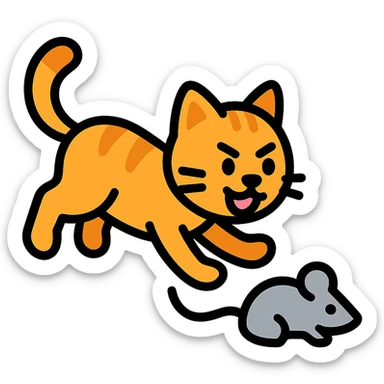 cat chasing a mouse icon with color and black outlines sticker