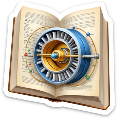 An icon featuring a physics textbook, a large Hadron Collider with particles flying off, symbolizing the study of physics. The design includes atomic models, energy waves, and scientific formulas, representing fundamental physical principles and research. Transparent background. sticker