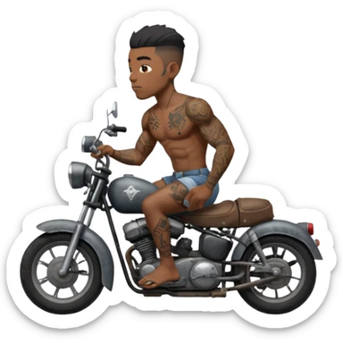 Black big men without shirt riding an old small motorcycle sticker