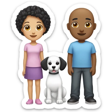 A dad with light skin, bald. A mom with light skin and short black hair. A daughter with medium skin with straight black hair. Another daughter with light skin and black hair. Bichon dog sticker
