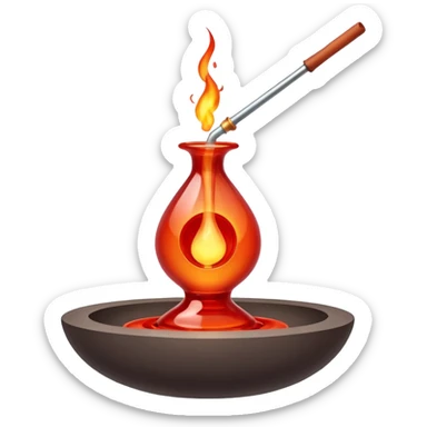 Glassblowing and casting icon, molten glass being shaped into a delicate object with a blowpipe, glowing red-hot glass being poured into a mold, unfinished glass sculpture, minimalistic style, clean lines, transparent background. sticker