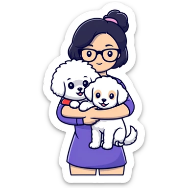 Girl with long black hair and glasses holding a white Bichon Frise dog sticker