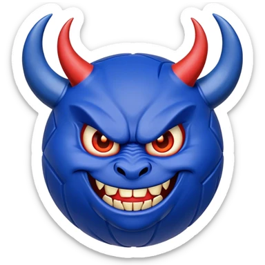 A basketball that is royal blue and has devils horns and a menacing grin sticker