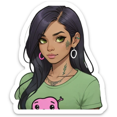 Earthreal sparkly angelic mystical magical shiny pretty Fairy. Dark Brown eyes. Caramel skin. Long black hair. White, hot pink and light blue and lavender and light green and light yellow . Tattoos sticker