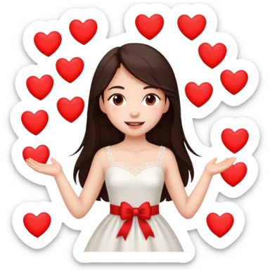 A beautiful girl with long, dark brown hair, fair skin, and a lovely white dress, is overjoyed with love and surrounded by hearts. sticker