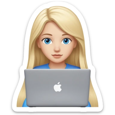 White girl with long blonde hair and blue eyes with laptop sticker