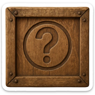 Realistic wooden crate with aged effect, visible nails, and a question mark engraved in the wood. No background. Variant 3. sticker