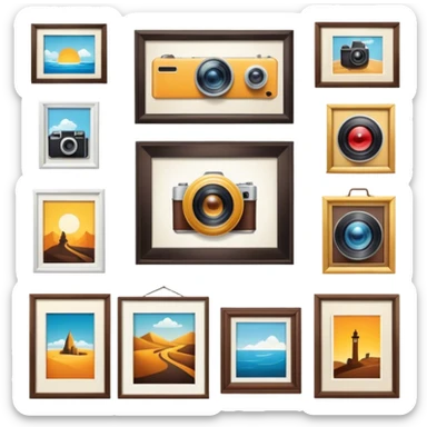 Icon for Photograph and Poster Collecting: a collection of photographs and movie posters, neatly displayed on a wall or in frames. The icon should evoke the nostalgia and artistic value of collecting rare images and posters. Transparent background. sticker