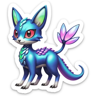 Shiny exotic animalistic feral Colorful glowing glossy smooth soft silky Futuristic Cyber-Vernid-Trico-Meloetta-Latias-Koraidon-Peppercat-Protogen-Pokémon-Digimon-Fakémon-fusion-hybrid-creature sticker
