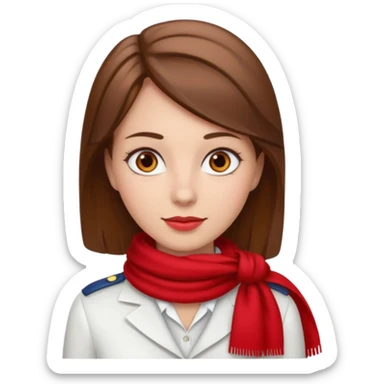 Female flight attendant, with red scarf, white shirt, brown hair, brown eyes, iOS emoji-type face, fair skin  sticker