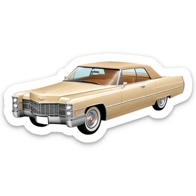 Geometric beige 1966 Cadillac DeVille, reduced to simple shapes, minimalist 30-degree view, basic forms only, Once Upon a Hollywood inspired, iOS emoji style sticker