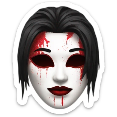 Mask with a pale complexion with heavy makeup and disheveled black hair, adorned with red splatters sticker