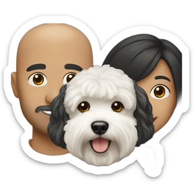 a bald man and black haired woman with white maltipoo sticker