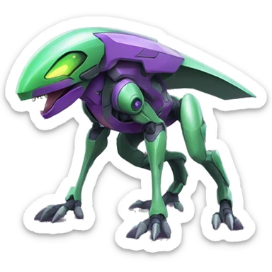 a purple-green Genesect-Raptor-Fakémon—hybrid with a futuristic visor-helmet full body sticker