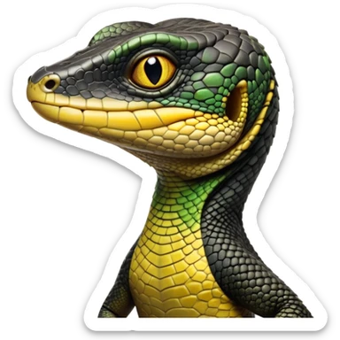 cinematic-realistic-cute-monitor-lizard-portrait-emoji,-head-tilted-playfully-and-inquisitively,-featuring-a-compact,-agile-body-with-finely-detailed,-glossy-scales-in-earthy-black and yellow-hues-and-a-distinct,-alert-face-with-bright,-curious-eyes, black , yellow spotted and green band  scales and a slender neck sticker