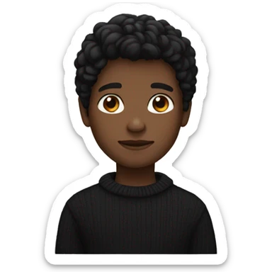 A boy with black hair, dark skin and a black sweater sticker