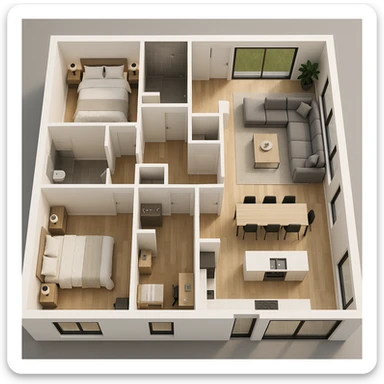 3D floor plan inspired by a modern house with four bedrooms, two bathrooms, open space kitchen, living area, storage room, large glass window, top view, professional architectural style, realistic details sticker