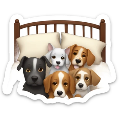 4 dogs snuggled in bed with mom and dad  sticker