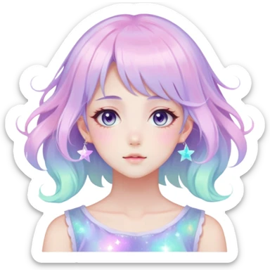 Beautiful gorgeous anime lady with beautiful iridescent-pastel-nebula-hair, fashion aesthetic, ethereal, fairycore, pastelcore sticker