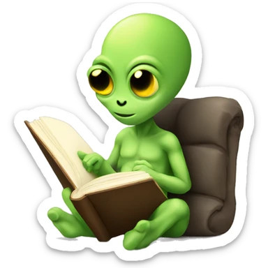 cute sitting alien reading book, flat style. sticker