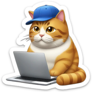 Fat cat wearing a baseball hat behind a laptop sticker