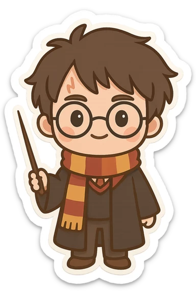 Harry Potter as a chibi cartoon, holding a wand, Gryffindor scarf sticker