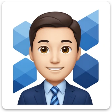 Korean businessman emoji in navy suit and blue tie, confident smile, blue and white geometric striped background, expressing digital innovation and professionalism sticker