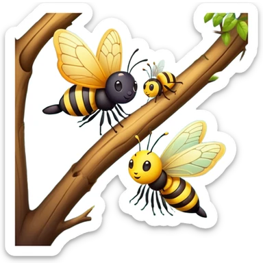 butterfly and bee sitting on a tree branch in a forest, cute and friendly sticker