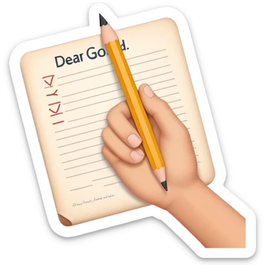 Hand holding pencil writing "Dear God" on essay paper sticker