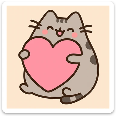 Pusheen hugging a big heart, pastel colors, adorable, pastel toon style sticker