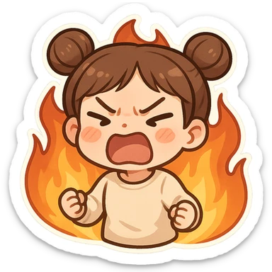 chibi sticker of a girl with double bun hairstyle, same face and clothes as before, screaming angrily, surrounded by flames, furious expression sticker