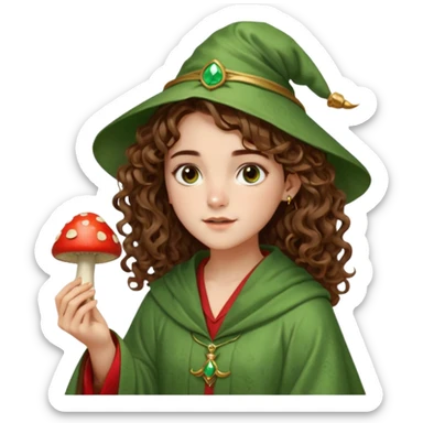 very beautiful italian girl, hazelnut brown eyes, looking like Emma Watson, with curly and big volume very bright brown hair, and a golden piercing ring in nose on left side, dressed in a beautiful wizard robe of green colors, holding red fly mushroom sticker