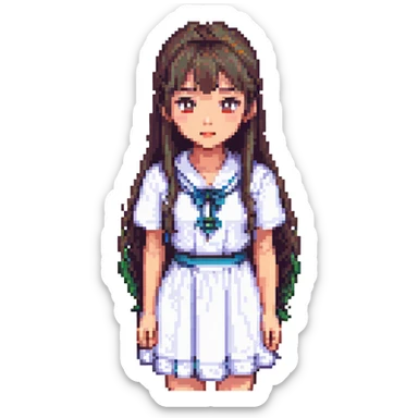 Asian girl in college student dress, thin bangs, long hair, round eyes, no double eyelids, humorous face, pixel art sticker