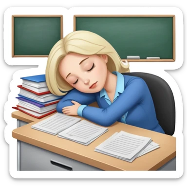 Exhausted female teacher napping at classroom desk with papers sticker