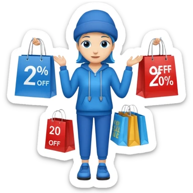 Person who is waiting the sale promotion with 20% off sign, wearing blue outfit and hanging some shopping bags sticker