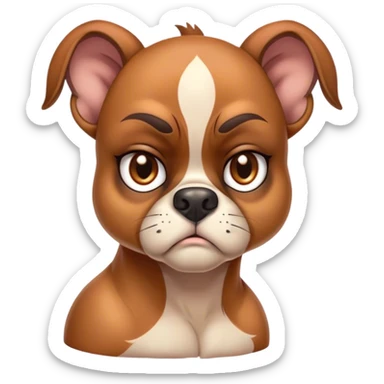 Cinematic Meme-Worthy Grumpy Fawn Boxer Portrait Emoji, Head held high but eyes filled with dramatic disappointment, smooth fawn fur with a furrowed brow forming an unmistakable scowl, floppy ears slightly angled back in disapproval, piercing brown eyes glaring with pure exasperation, Simplified yet hilariously over-exaggerated features, highly detailed, glowing with an aura of supreme annoyance, high shine, exhausted yet judgmental, stylized with an almost regal pettiness, bright but brooding, soft glowing outline, capturing the essence of a guardian that has seen it all and is thoroughly unimpressed, so meme-worthy it feels like it could instantly become the next viral sensation of grumpiness! sticker