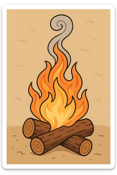 basic campfire, 2 logs, no person, upward smoke and flames with mesmerizing swirling effect, uncluttered and easy to recognize sticker