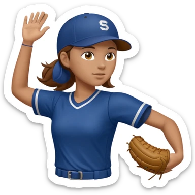 Softball pitcher pitching the ball from side view with brown hair and dark blue jersey and no hat and a face guard sticker