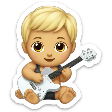 a 1-year-old baby, blond and with little hair, in diapers, playing a mini guitar sticker