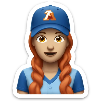 standing up white female coach with long red hair in blue  t-shirt and with a simple blue baseball hat sticker