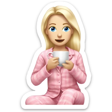 Blonde woman with blue eyes in pink pyjamas drinking tea legs crossed sticker