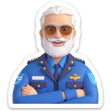 middle-aged male pilot, silver hair, beard, smiling, fair skin, wearing sunglasses sticker