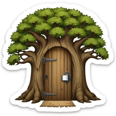 large and old dark oak tree with door sticker